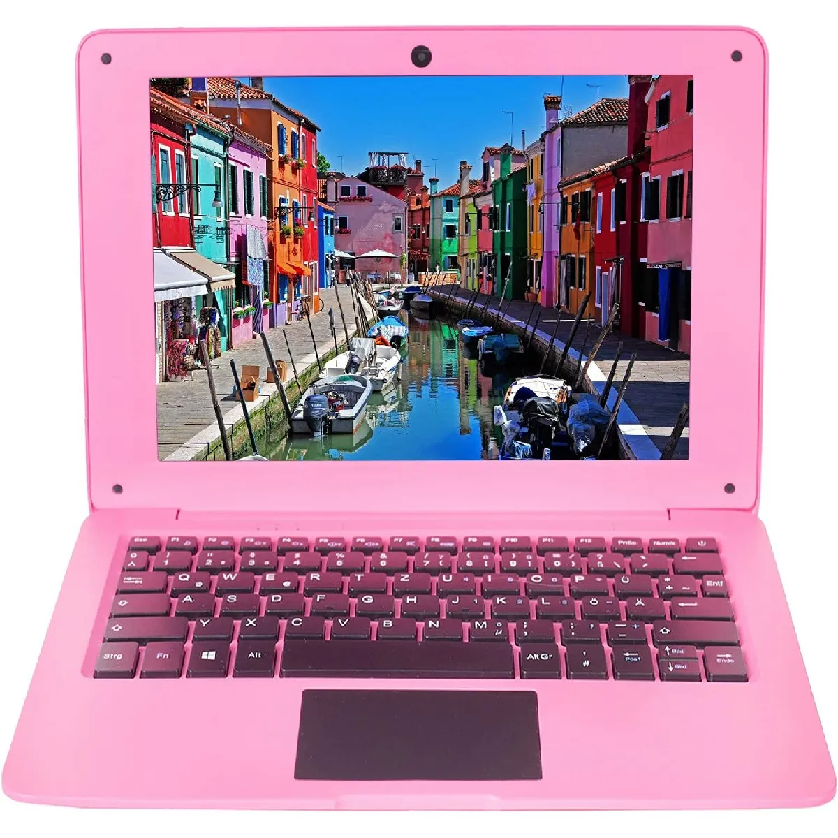 Ordinateur Portable Mini 10.1" 32Go Windows 10 Ultra Mince et Léger Netbook Intel Quad Core PC HDMI USB Webcam Netflix YouTube QWERTZ Layout (Rose foncé)