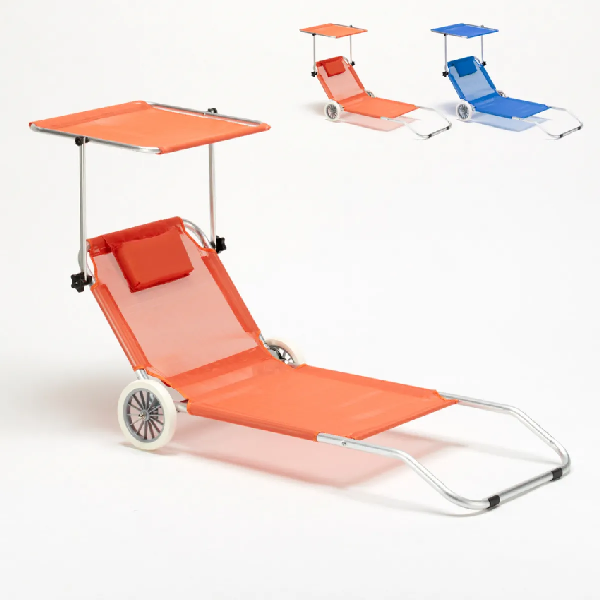 Lit de plage aluminium pliant bain de solat roues pare soleil Bananaeil trans, Couleur: Orange