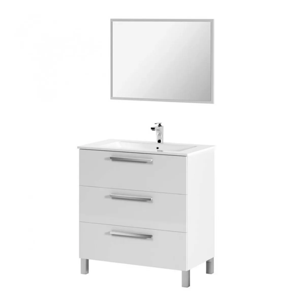 Meuble Sous-Vasque avec 3 Portes + Miroir coloris blanc brillant - 86 x 80 x 45 cm