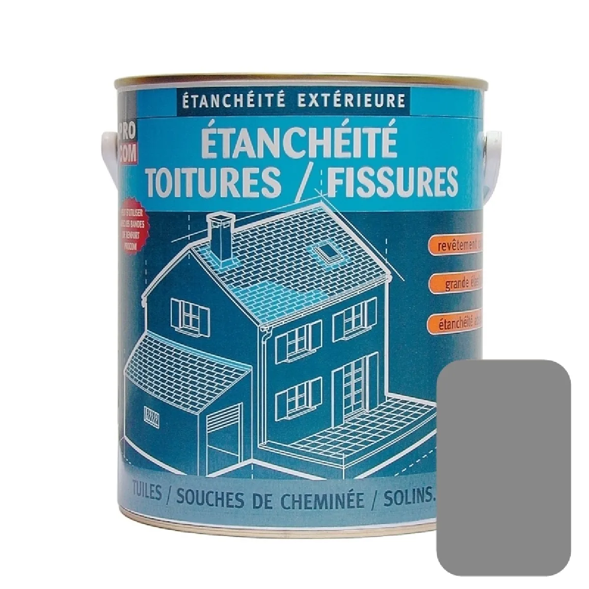 Peinture d'étanchéité toiture, réparation tuiles, fissures, anti-fuites, anti-mousse, décore, protège, plusieurs coloris PROCOM-0.75 litres-Gris (RAL 7042)