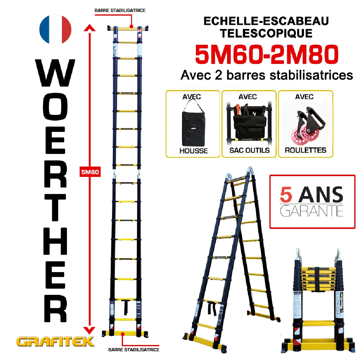 Escabeau-échelle télescopique Woerther 5m60/2m80 - Avec housse, sac porte outils et roulettes - Gamme Grafite- Double barre stabilisatrices - Qualité supérieur - Garantie 5 ans