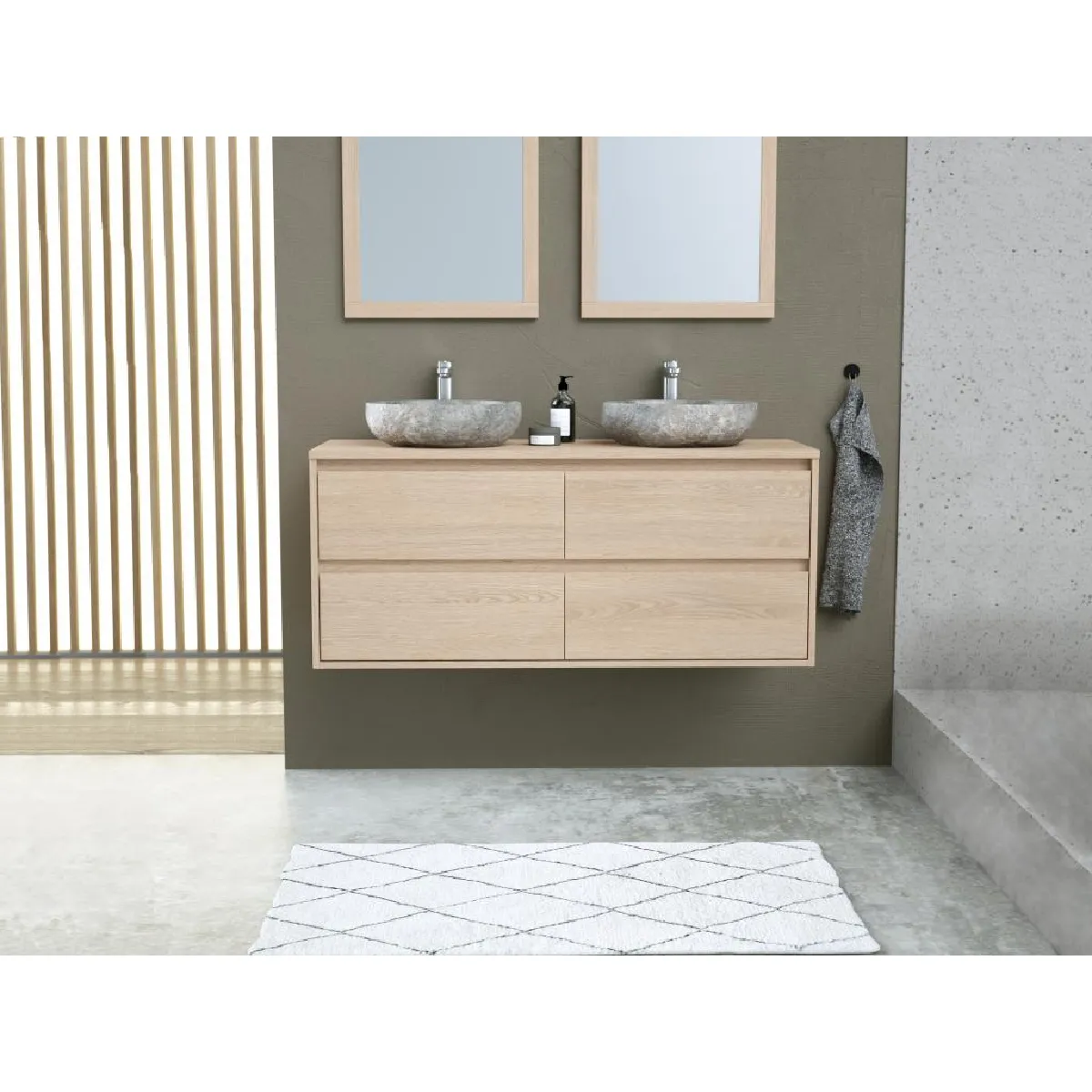 Meuble de salle de bain avec double vasque à poser en pierre et miroir - Placage chêne - 120 cm - MILIPAM