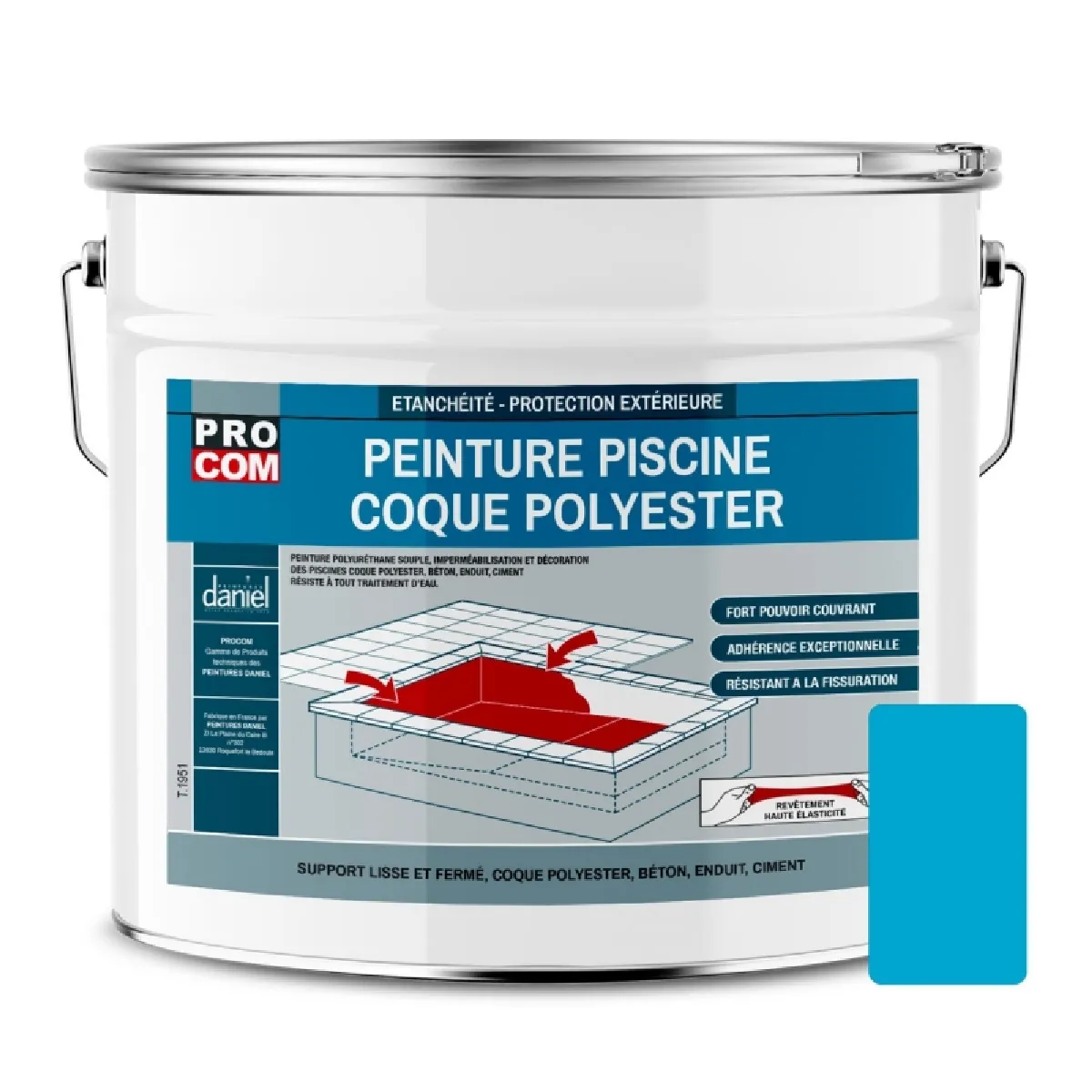 Peinture piscine coque polyester, béton, peinture piscine polyuréthane étanche et souple, haut de gamme PROCOM-12.5 Kg-Bleu piscine (RAL 240 60 40)