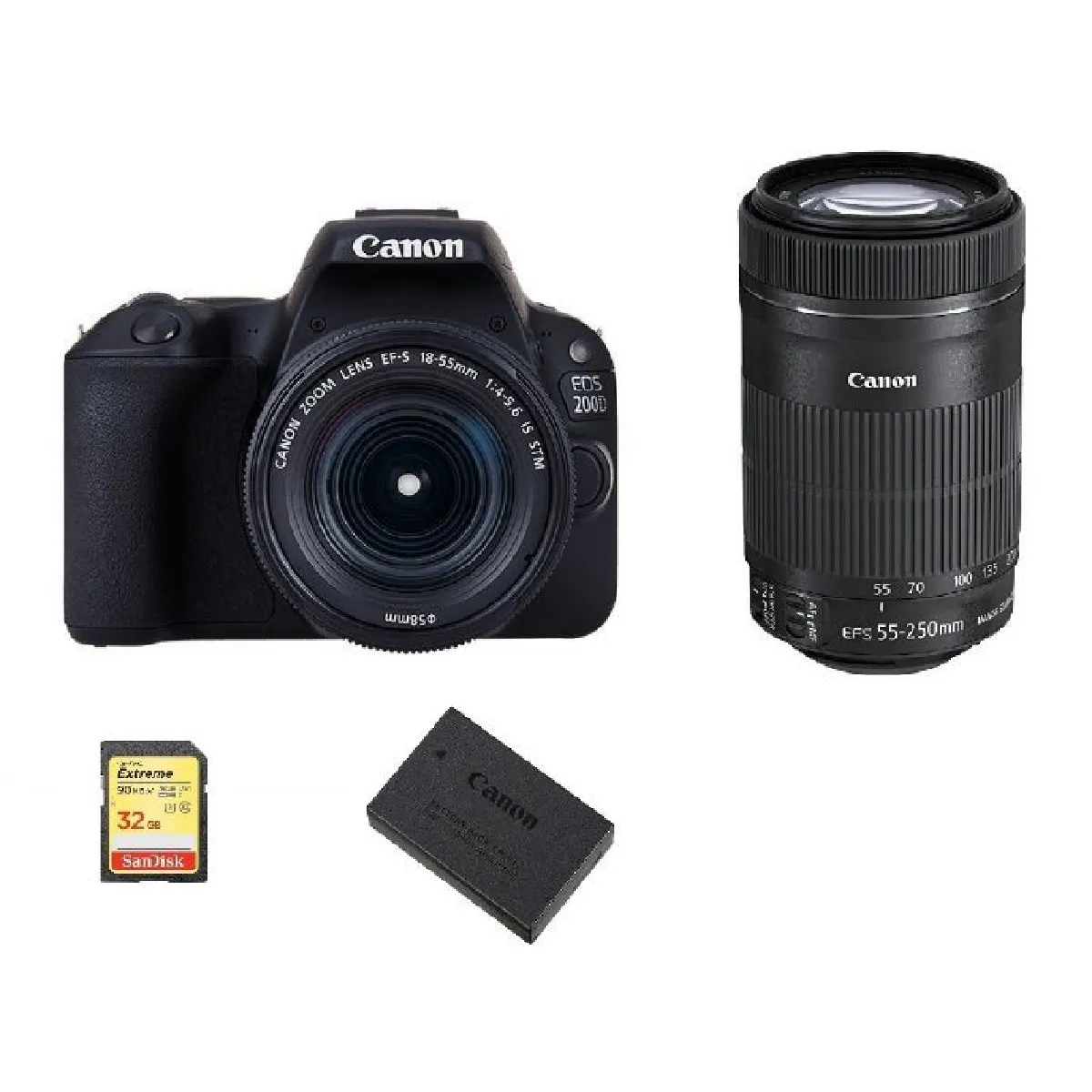 CANON EOS 200D Black KIT EF-S 18-55mm F4-5.6 IS STM + EF-S 55-250mm F4-5.6 IS STM (White Box) + 32G SD card + LP-E17 Battery