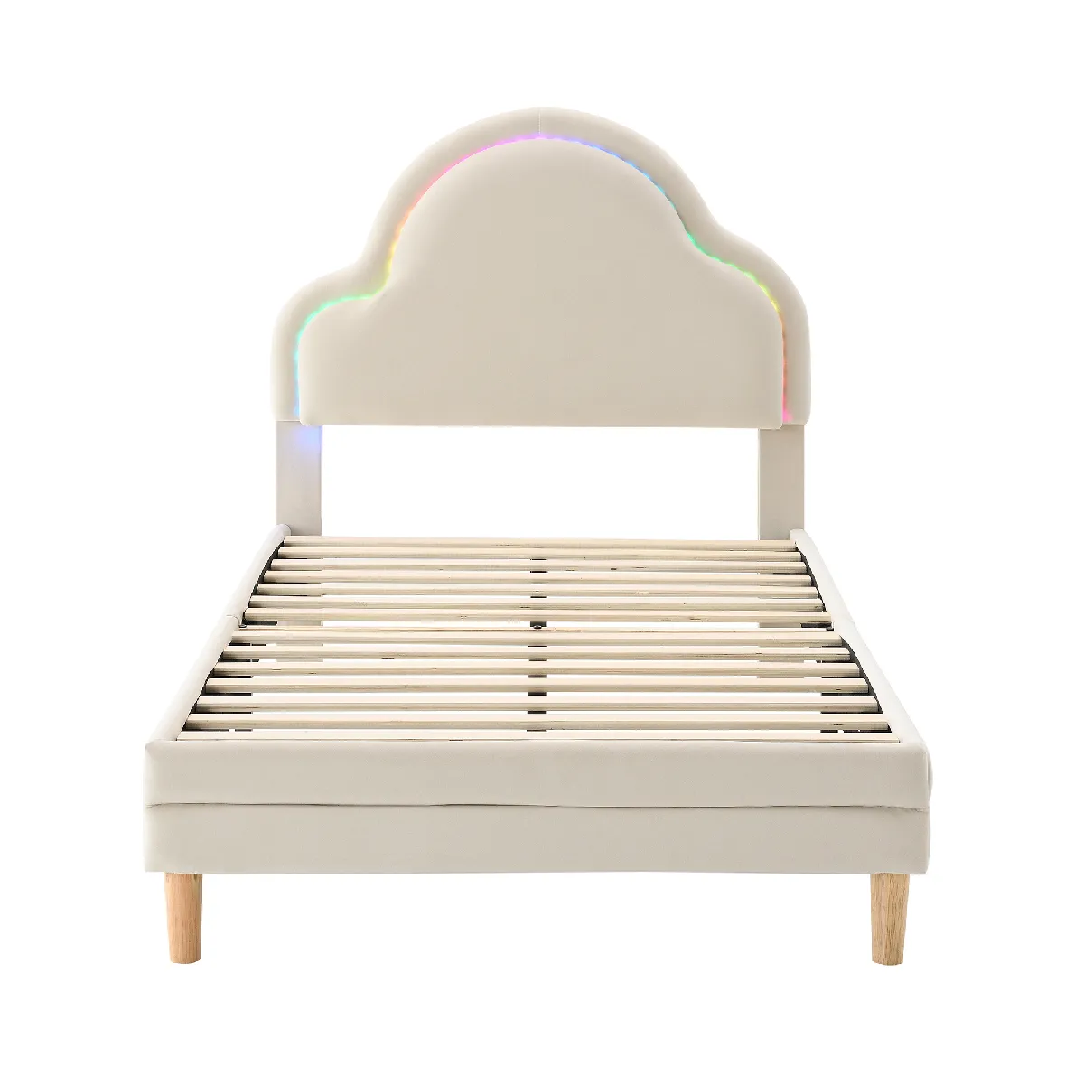 Lit rembourré enfants simple beige 90x200cm, velours, avec tête de lit en nuage, bandes LED interchangeables colorées et bandes de planches en bois