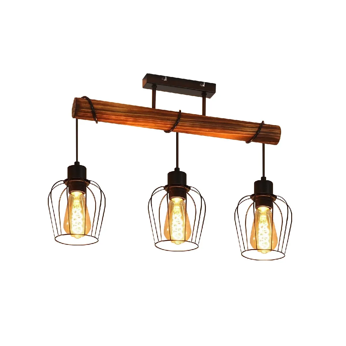 NETTLIFE Plafonnier 3 spots métal et bois noir E27 lampe de salon vintage en bois flammé au design industriel avec hauteur réglable sans ampoule