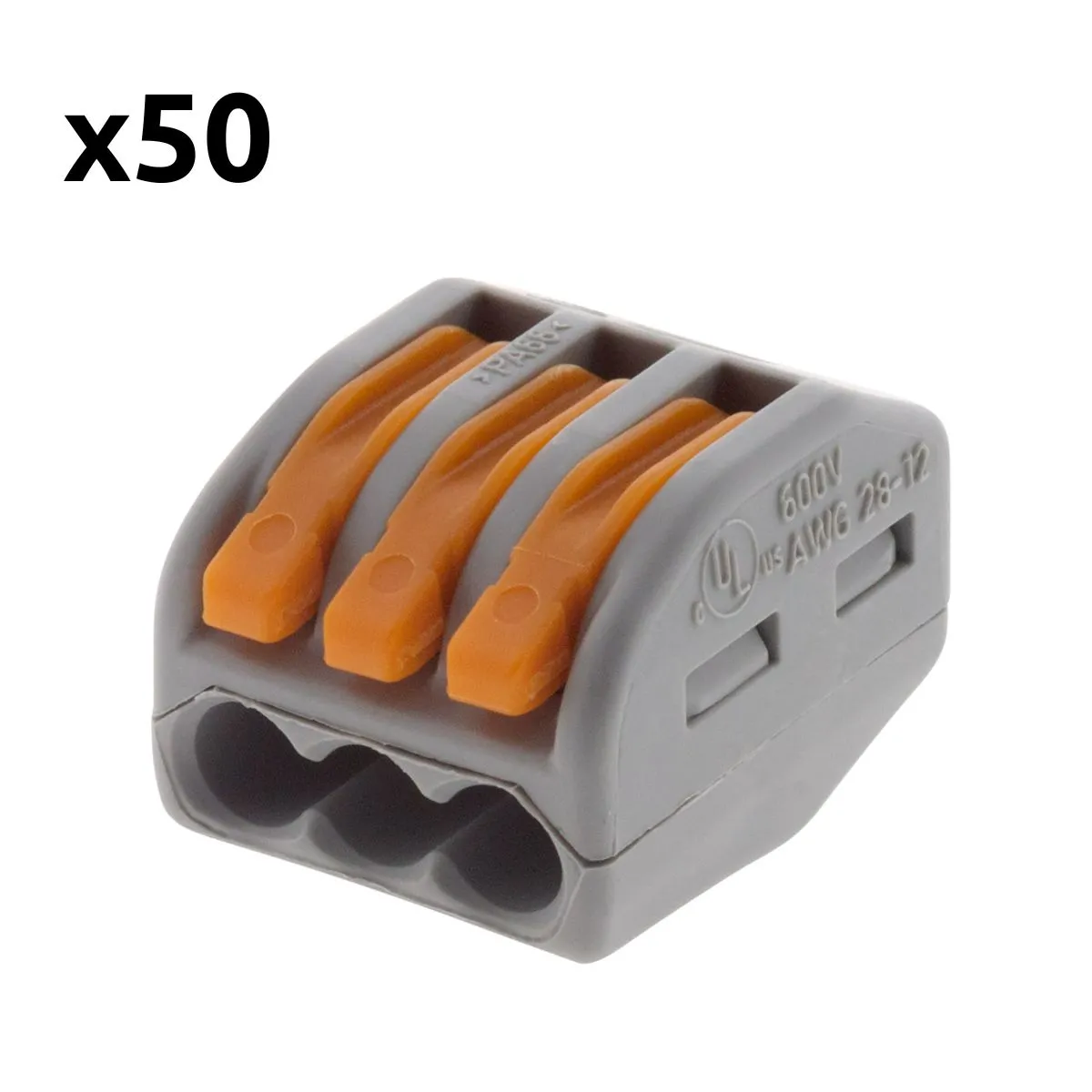 Lot de 50 bornes automatiques à cliquet S222 - 3 entrées - fils rigides et souples 4mm² max - orange - Wago