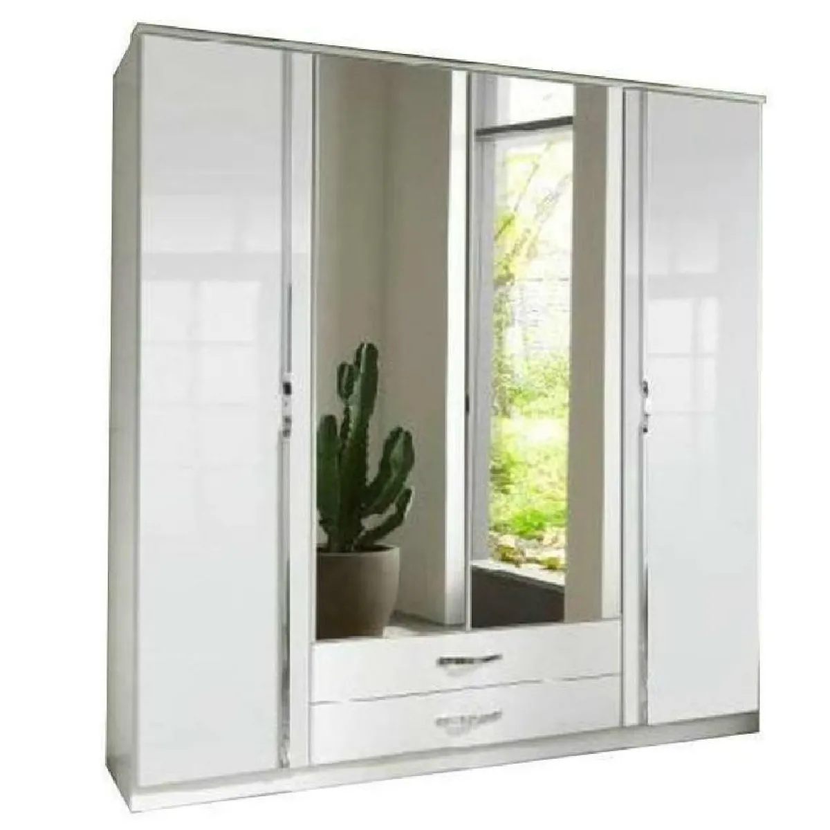 Armoire KROOS 4 portes, 2 miroirs blanc / laquée blanc brillant