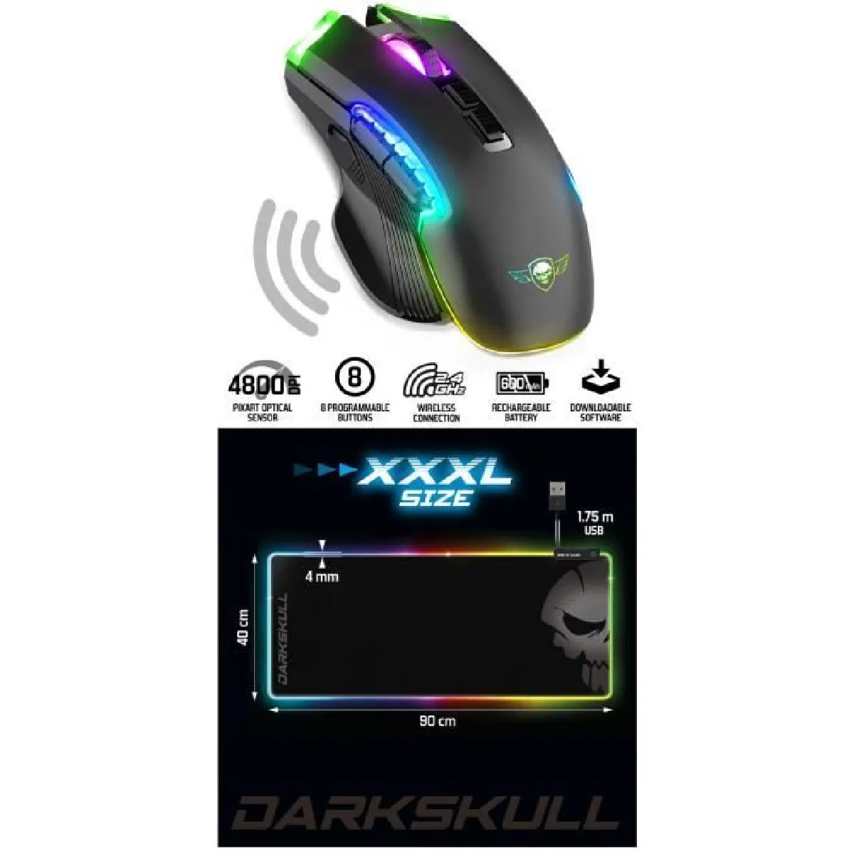 Souris Sans fil 2.4ghz 4800DPI M70 8 BOUTONS RGB rechargeable + Tapis de souris GAMER RGB LED HUB 4 PORTS 12 Modes RGB GAMING