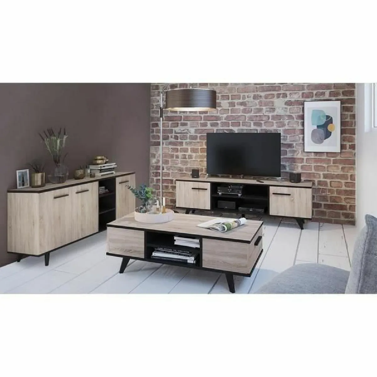 Ensemble scandinave meuble TV + table basse + buffet mélaminé - chêne brossé et noir