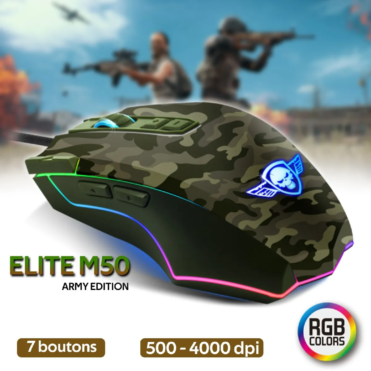 Souris Spirit of gamer ELITE-M50 Army Led RVB - 4000dpi - Rapid fire - 8 bouton + Logiciel