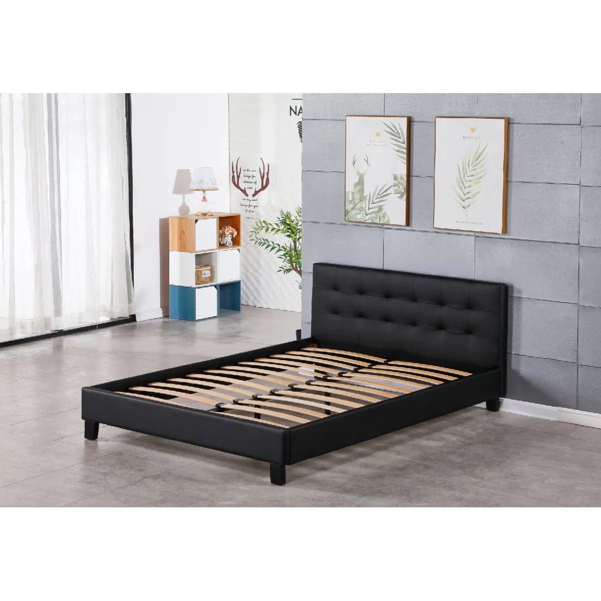 frederic - Solide et Confortable Lit avec Sommier + Tête de Lit Capitonnee Couleur NOIR + Pieds en 10 cm pour matelas en 120x190 - 2 x 13 Lattes - revetement PVC Simili facile d'entretien - Montage Rapide et Facile