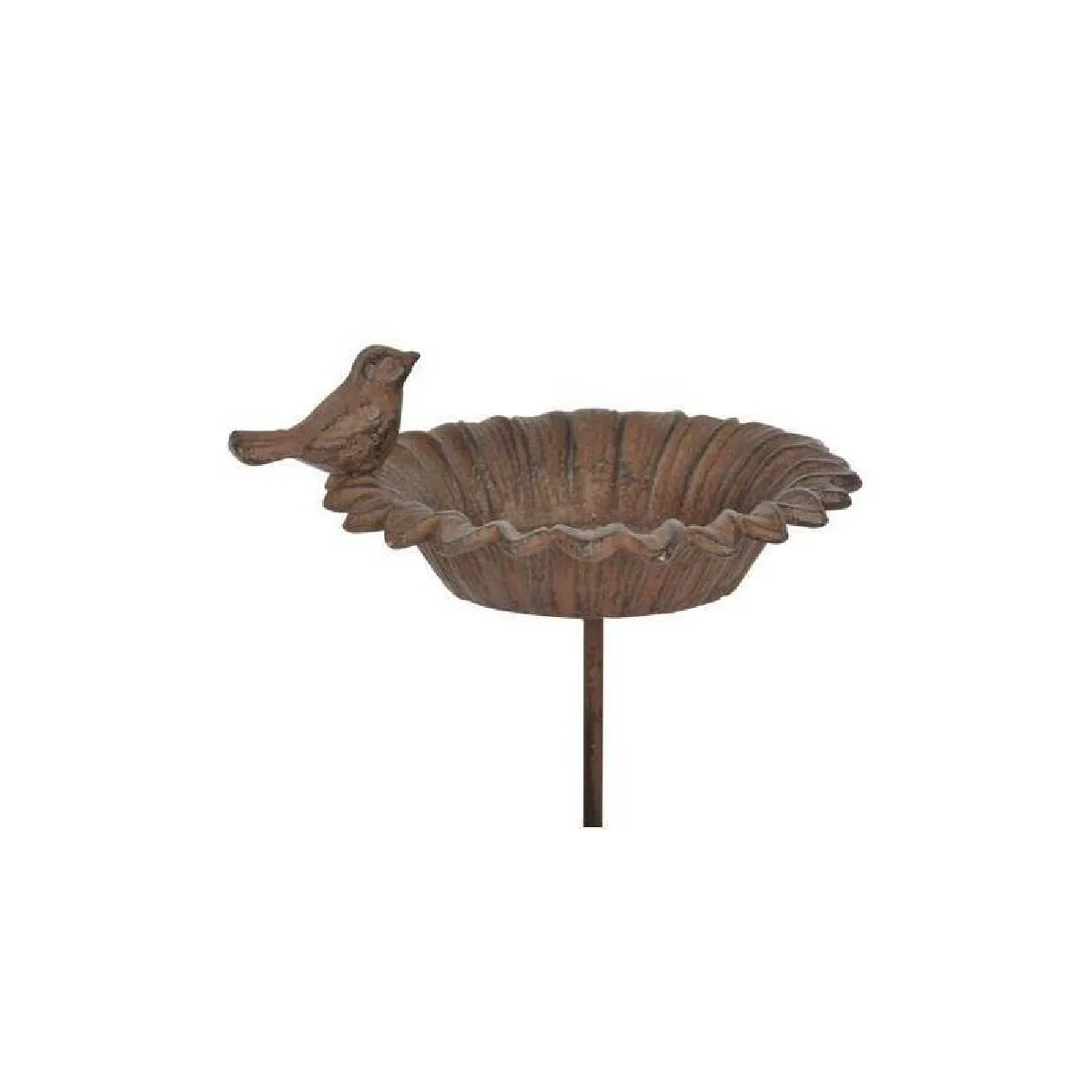 Bain à Oiseaux Abreuvoir Mangeoire Perchoir sur Pique Forme Feuille avec Oiseau en Fonte Patiné Marron 13.5x13.5x77cm