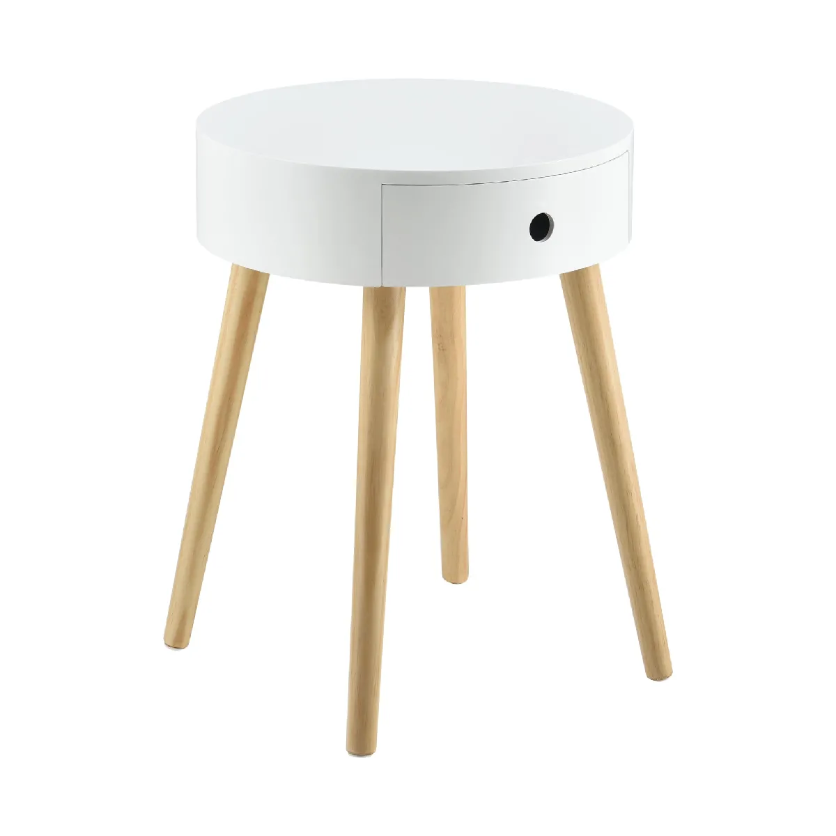 Petite table ronde avec tiroir commode table de nuit table de chevet meuble de rangement MDF Laqué et pin blanc 50 x 38 x 38 cm 03_0003145