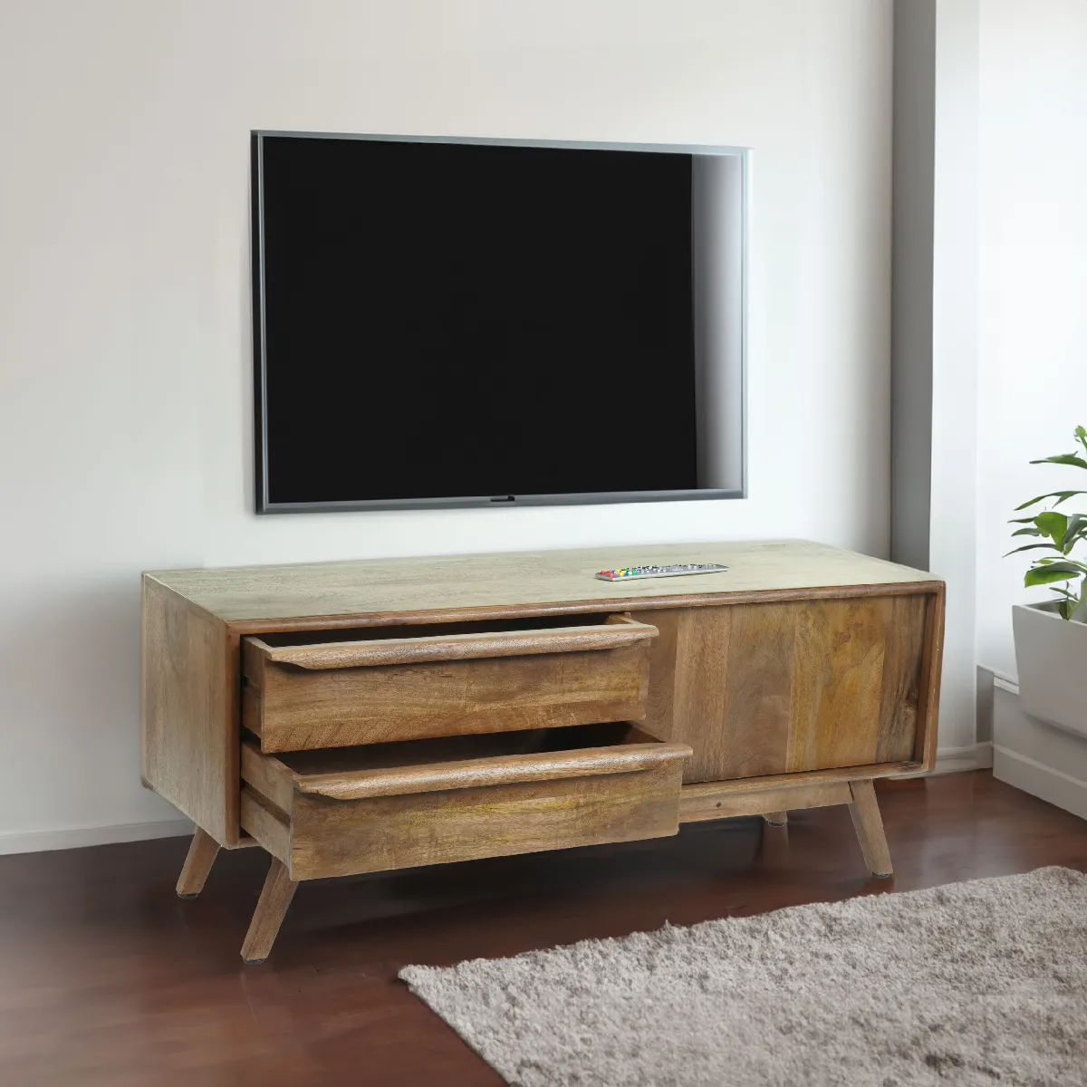 Meuble TV HWC-L96, Table de télévision Lowboard Commode Armoire, tiroirs en bois massif Mango 46x110x35cm