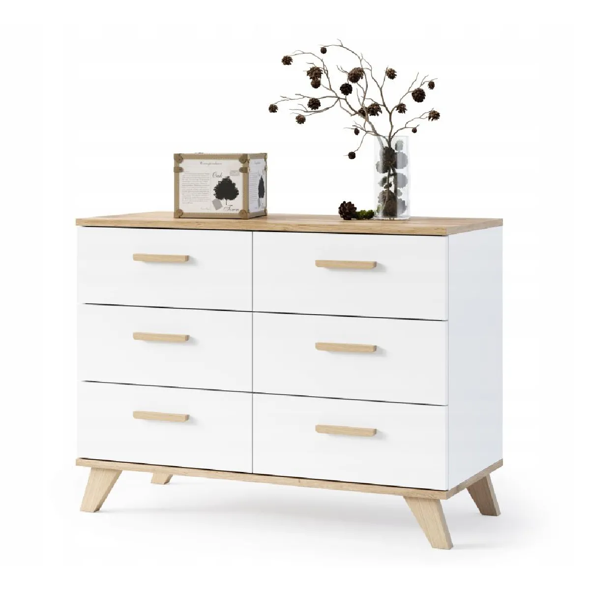 BERGEN Buffet scandinave 100 cm sur pieds Bois et Blanc 6 tiroirs