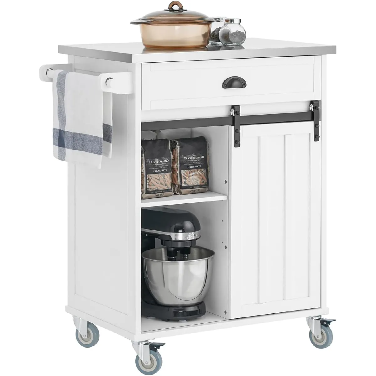 SoBuy FKW121-W Desserte de Cuisine à roulettes, Chariot de Service Cuisine, Placard de Cuisine avec Tiroir, Porte de Grange Coulissante, Porte-Serviettes, Porte-Bouteilles, 69x46x92 cm