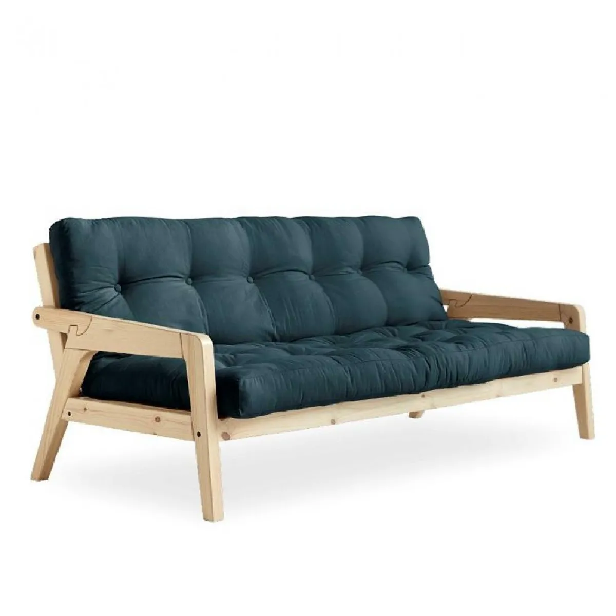 Canapé convertible futon GRAB pin naturel coloris bleu pétrole couchage 130 cm.