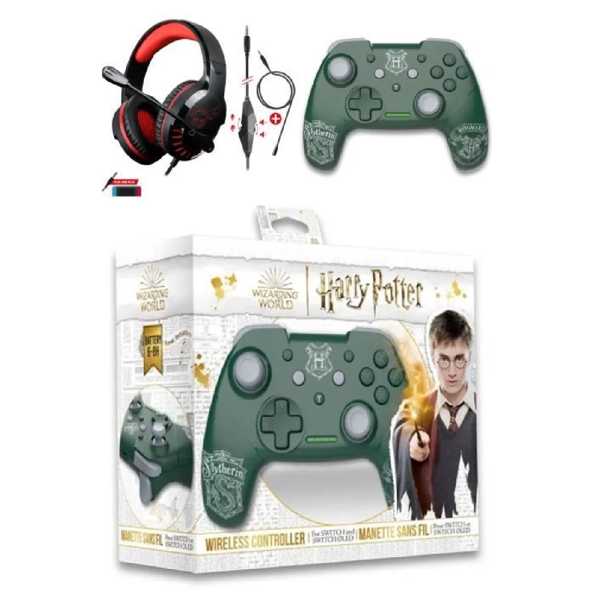 Manette SWITCH Bluetooth Nintendo HARRY POTTER VERT SERPENTARD + CASQUE SWITCH PRO-SH3 ROUGE SWITCH EDITION