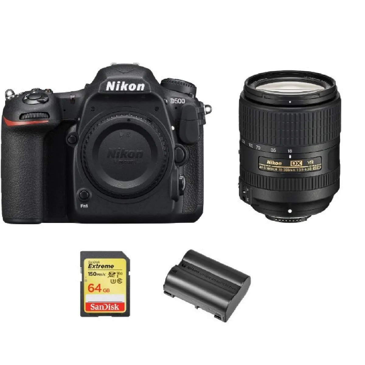 NIKON D500 + AF-S 18-300mm F3.5-6.3G ED VR + 64GB SD card + NIKON EN-EL15A Battery