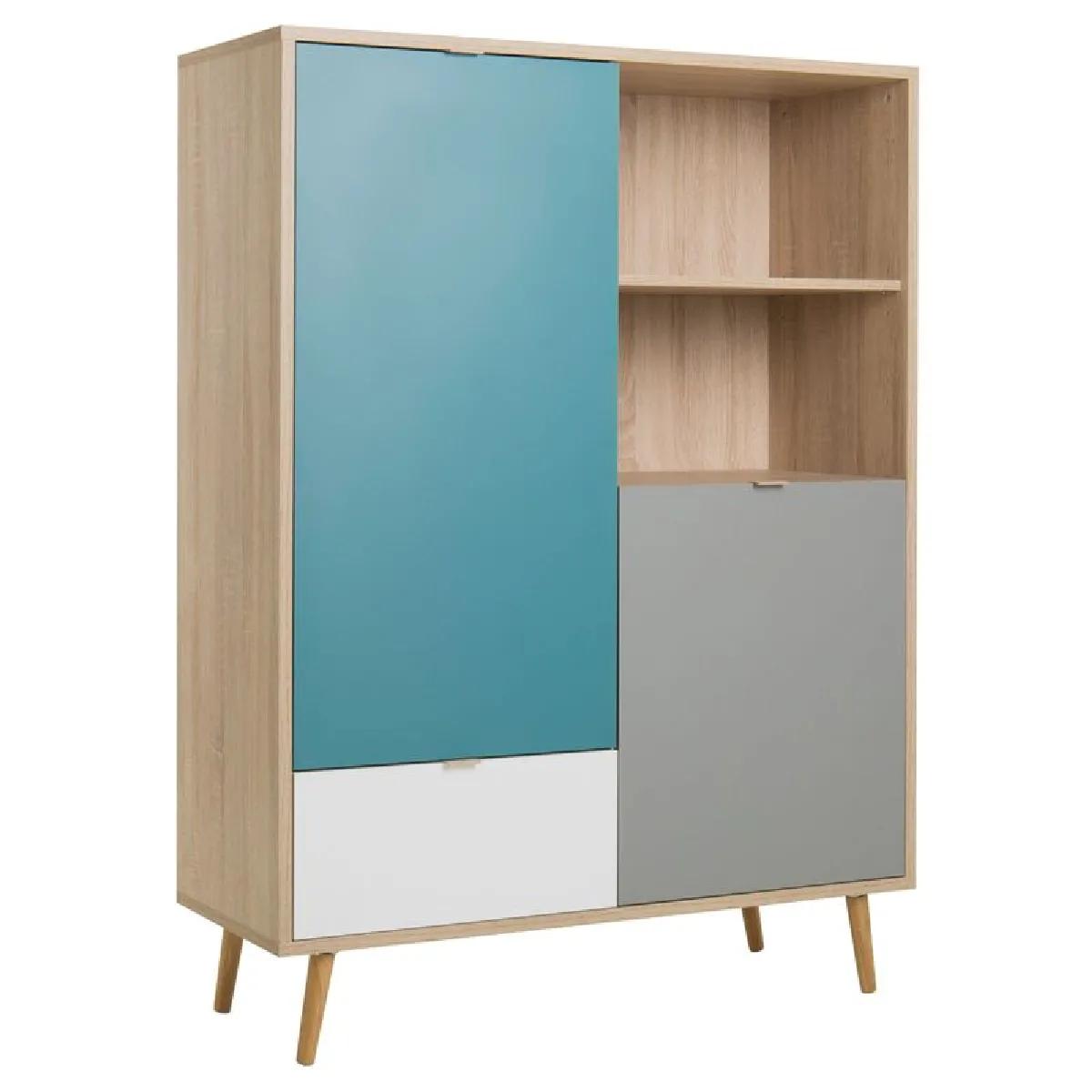 Buffet haut scandinave ARUBA Chêne, bleu, gris et blanc