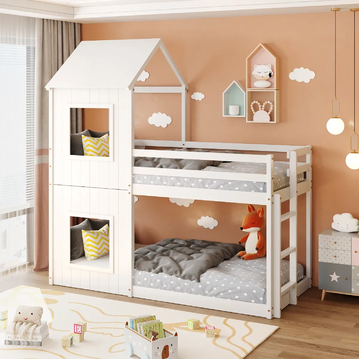 Lits Superposés Enfant 90*200 cm - Lit Maison Avec Échelle et Baldaquin - Du Sol Au Plafond - Bois Massif - Blanc