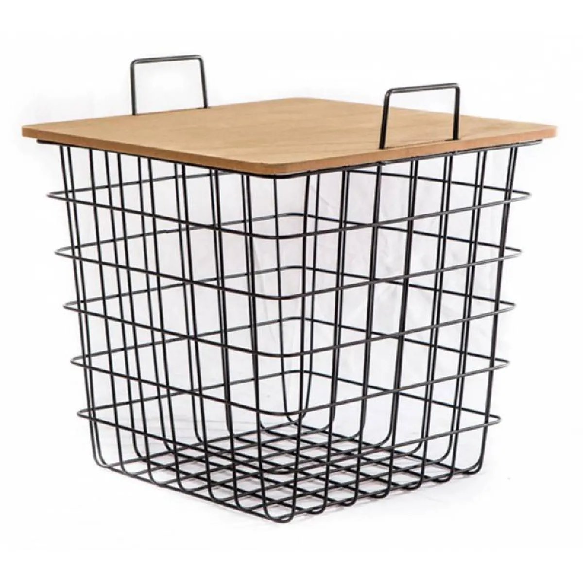 Panier de Rangement Bout de Canapé Carré Table basse Guéridon en Fer Patiné Noir et Bois 38x38x40cm