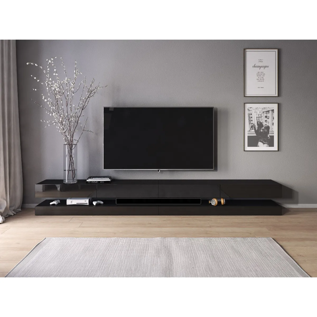 VIVALDI Meuble TV - FLY - 280 cm - noir mat / noir brillant - style moderne