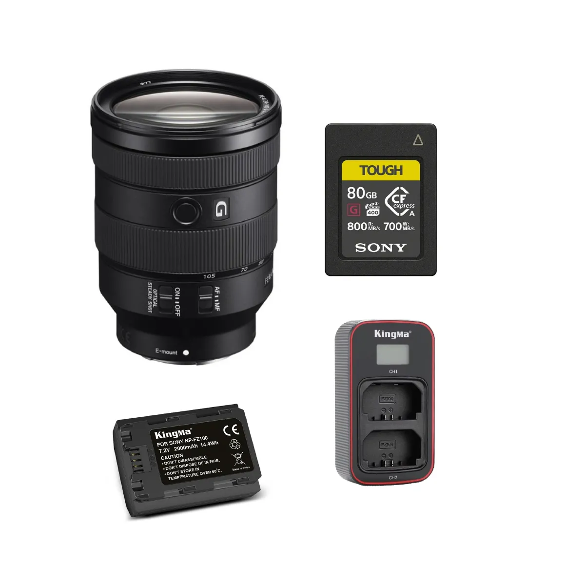 SONY FE 24-105 mm F4 G OSS Objectif + carte mémoire Sony CFexpress Type A TOUGH 80 Go + batterie Kingma 2000 mAh (Sony NP-FZ100) + chargeur double USB LCD Kingma Sony NP-FZ100