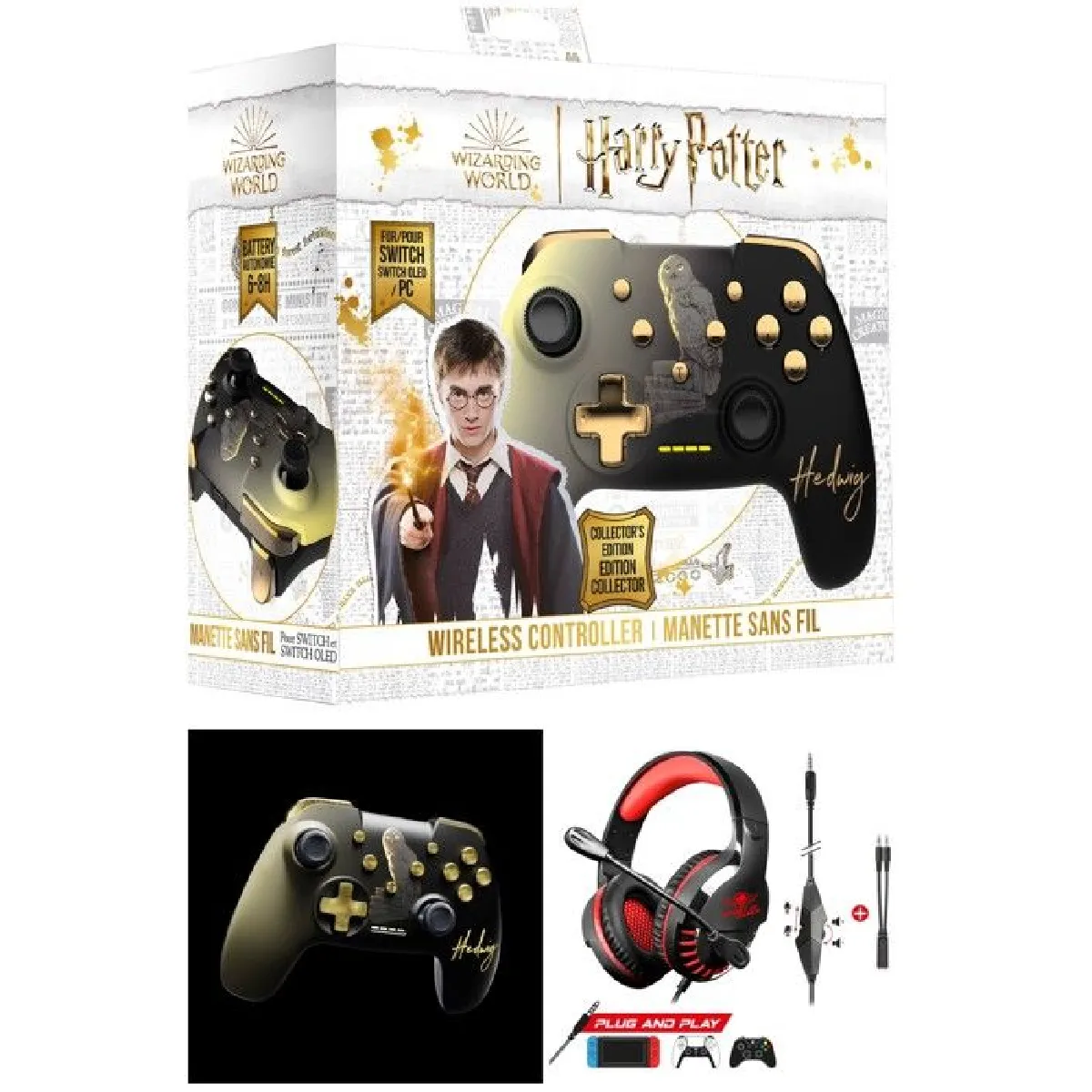 Casque Gamer SWITCH Nintendo SPIRIT MULTI-PLATEFORME + Manette SWITCH Bluetooth Harry Potter Noire Hedwige Nintendo Switch