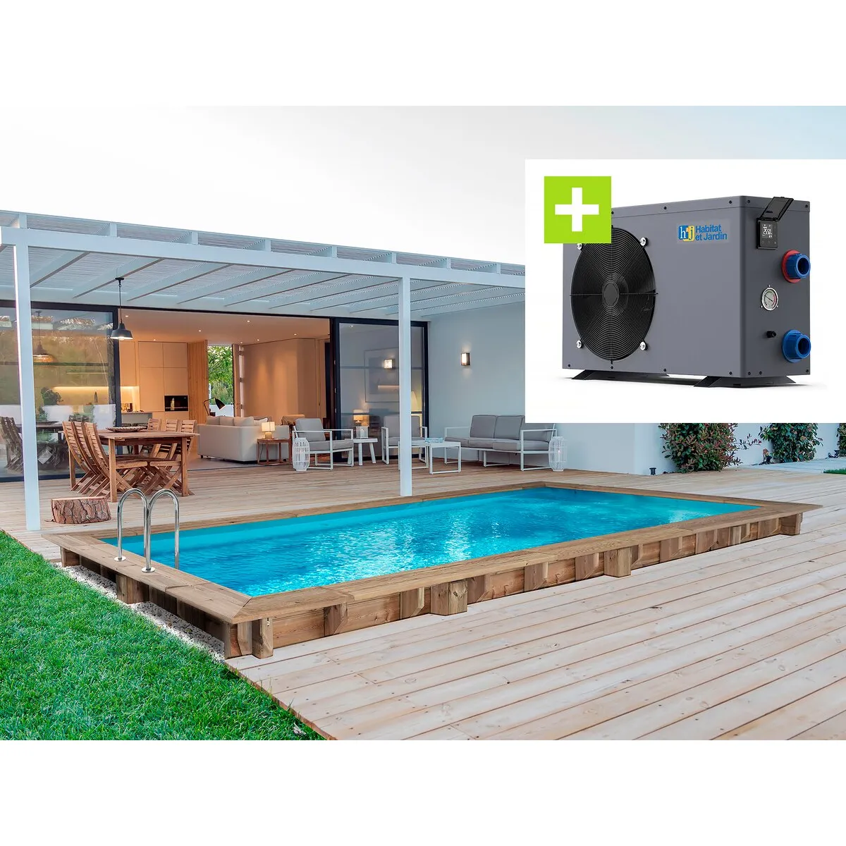 Piscine bois rectangle Tobago - 6.20 x 3.00 x 1.31 m + Pompe à chaleur - Puissance 6.1 kW