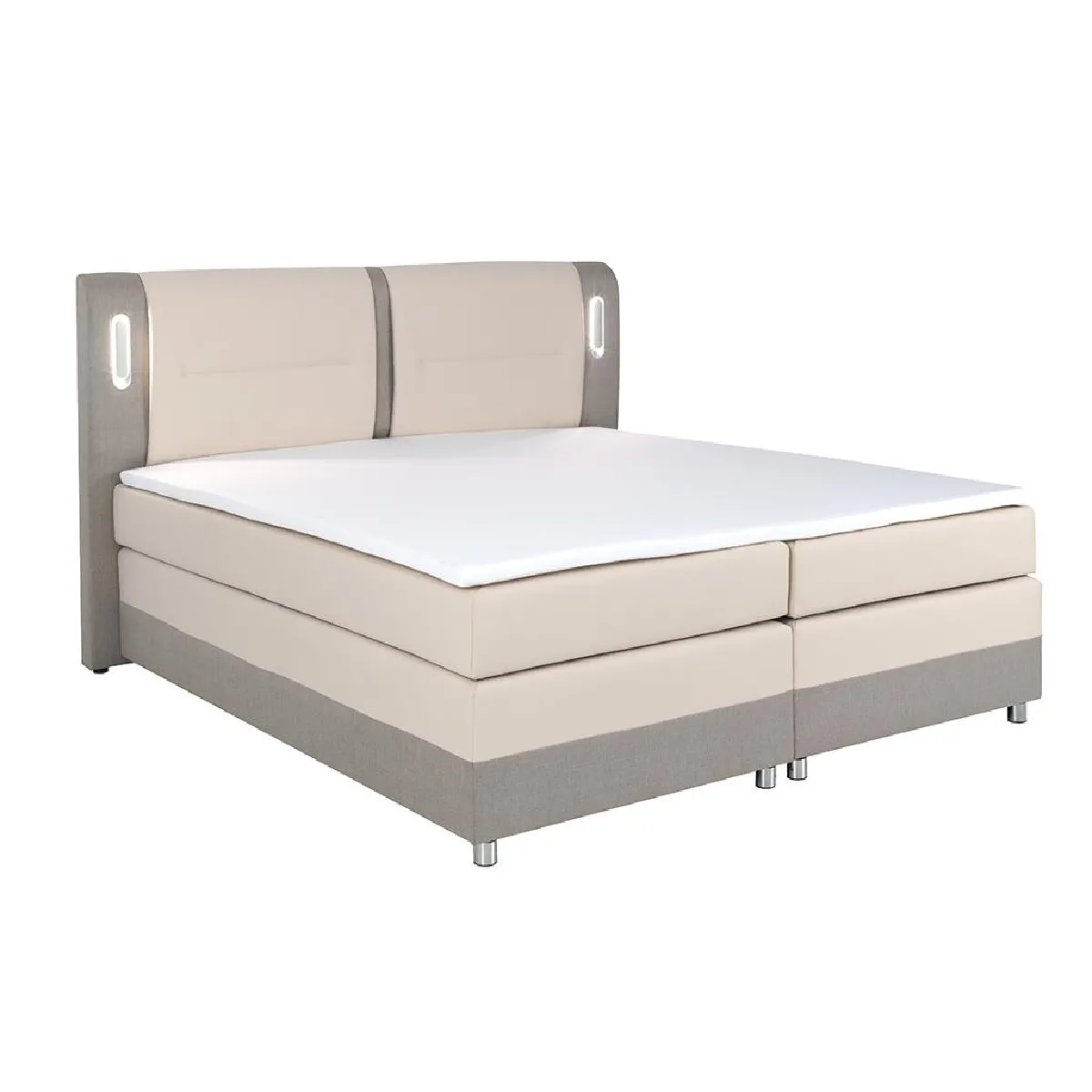 Ensemble complet boxspring tête de lit avec leds + sommiers + matelas + surmatelas - 160 x 200 cm - Tissu et simili - Beige et crème - RIMINI de YSMÉE