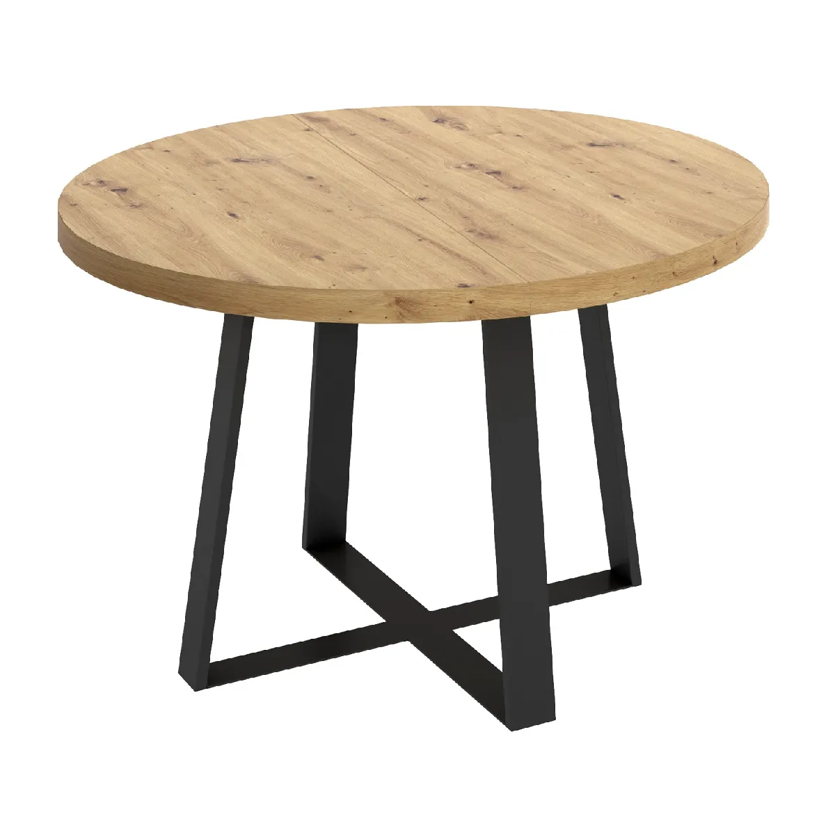 Table à manger ronde extensible en bois chêne avec pieds en métal graphite - Longueur 110-158 x Profondeur 110 x Hauteur 77 cm