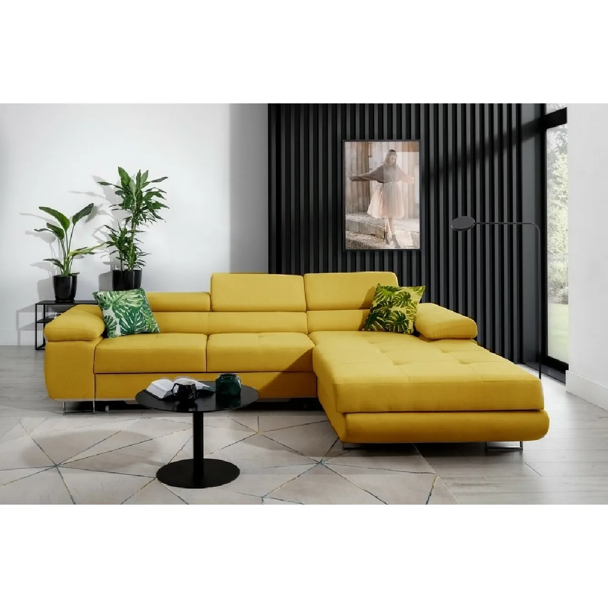 Canapé d'angle convertible ARMEL en tissu luxe 5 places, jaune moutarde, avec coffre, angle droit (vu de face)