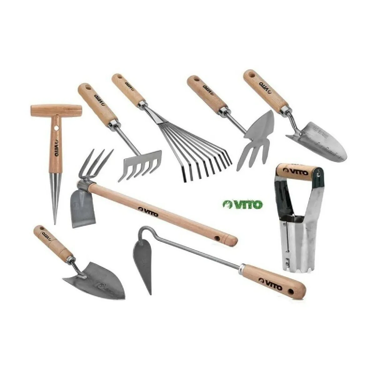 Kit 9 outils de jardin Manche bois VITOGARDEN Inox et Fer forgés à la main haute qualité Outils de jardin