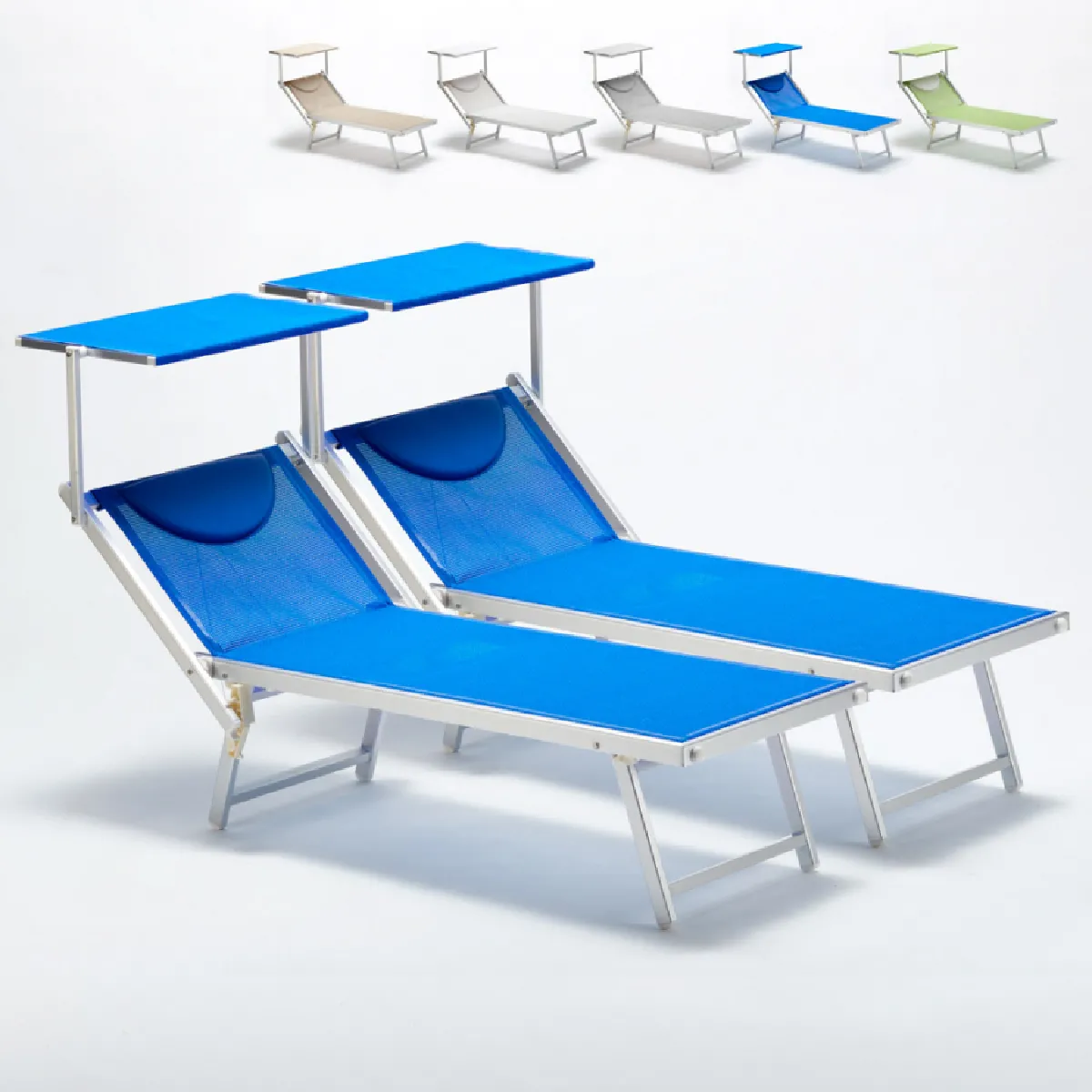 Bain de soleil professionnels transat aluminium lits de plage Italia 2 pièces, Couleur: Bleu