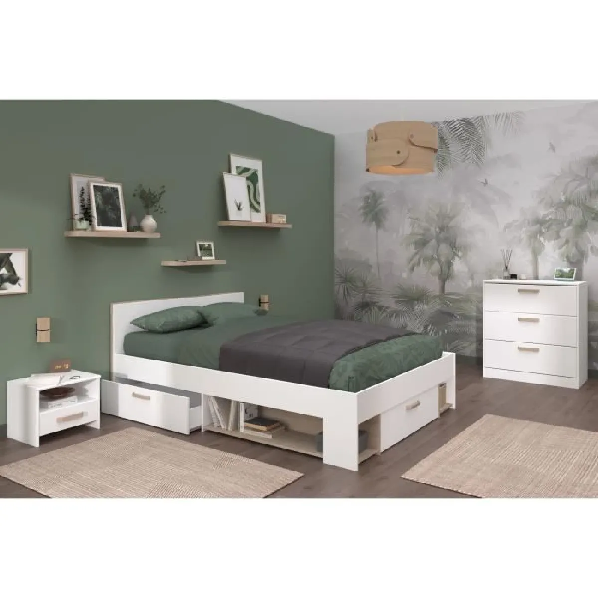 Chambre complete adulte DREAM : Lit 140x190/200 cm + 2 chevets + commode - Décor blanc et chene - PARISOT