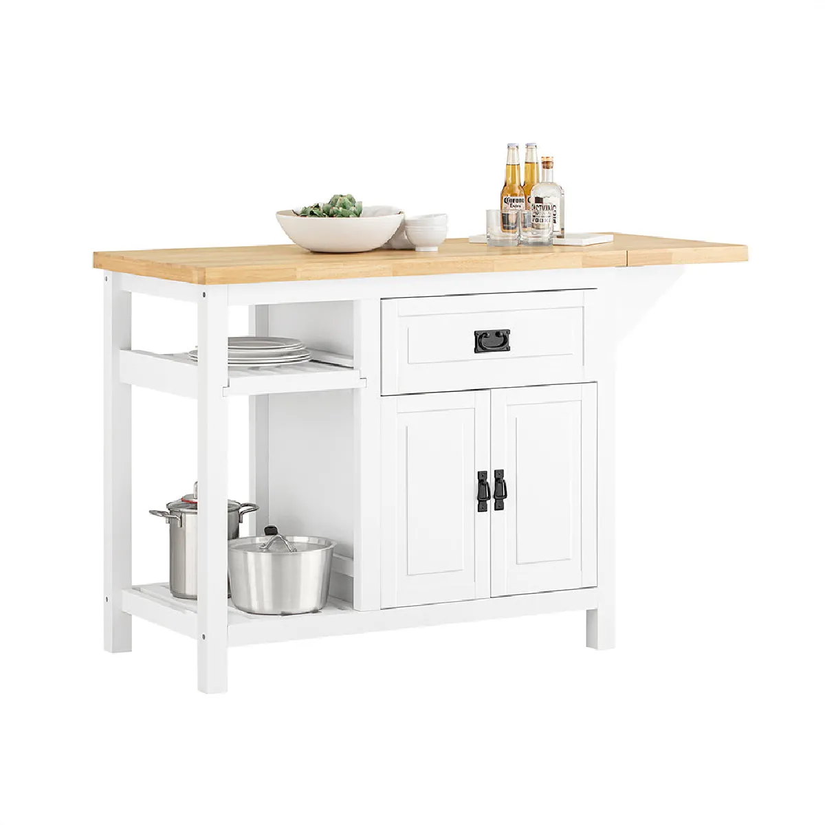 SoBuy KNL06-WN Placard ilot Central de Cuisine avec Plan de Travail Extensible en Bois d'hévéa, 2 Portes, 2 Tiroirs