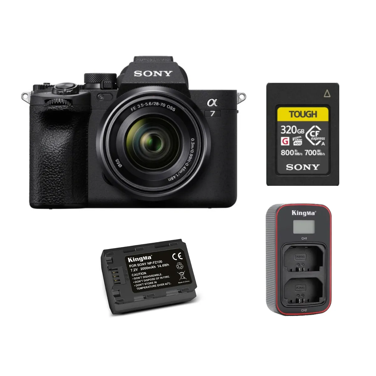 Sony A7 IV 28-70mm kit +Sony 320GB CFexpress Type A TOUGH Memory Card+ Kingma 2000mAh Battery (Sony NP-FZ100) + Kingma Sony NP-FZ100 LCD Dual USB charger