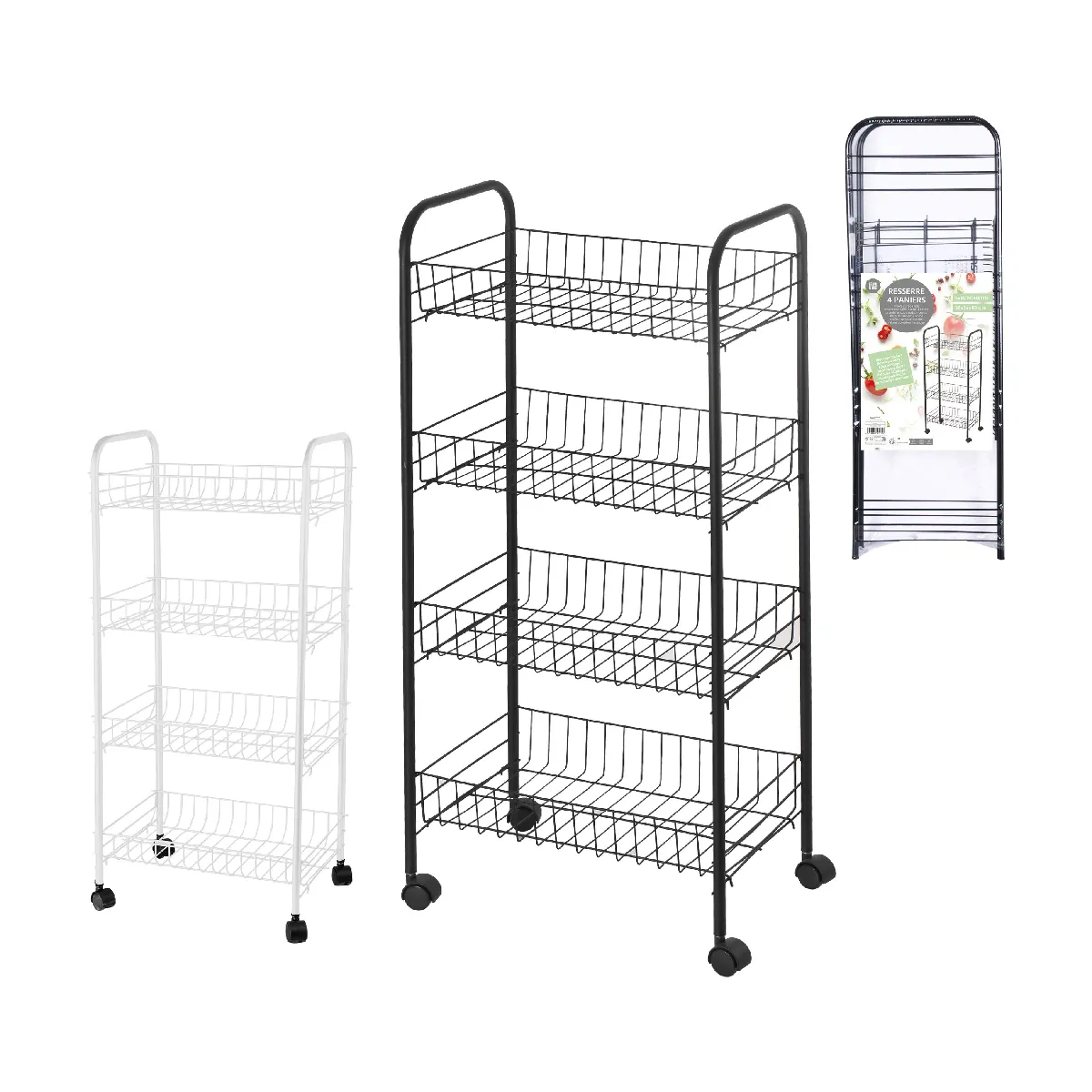 Lot de 2 RANGEMENT CHARIOT DE CUISINE MEUBLE DESSERTE RESSERRE DE CUISINE EN METAL 4 PANIERS BLANC ET NOIR A ROULETTE 38X26X80CM+Urban Living