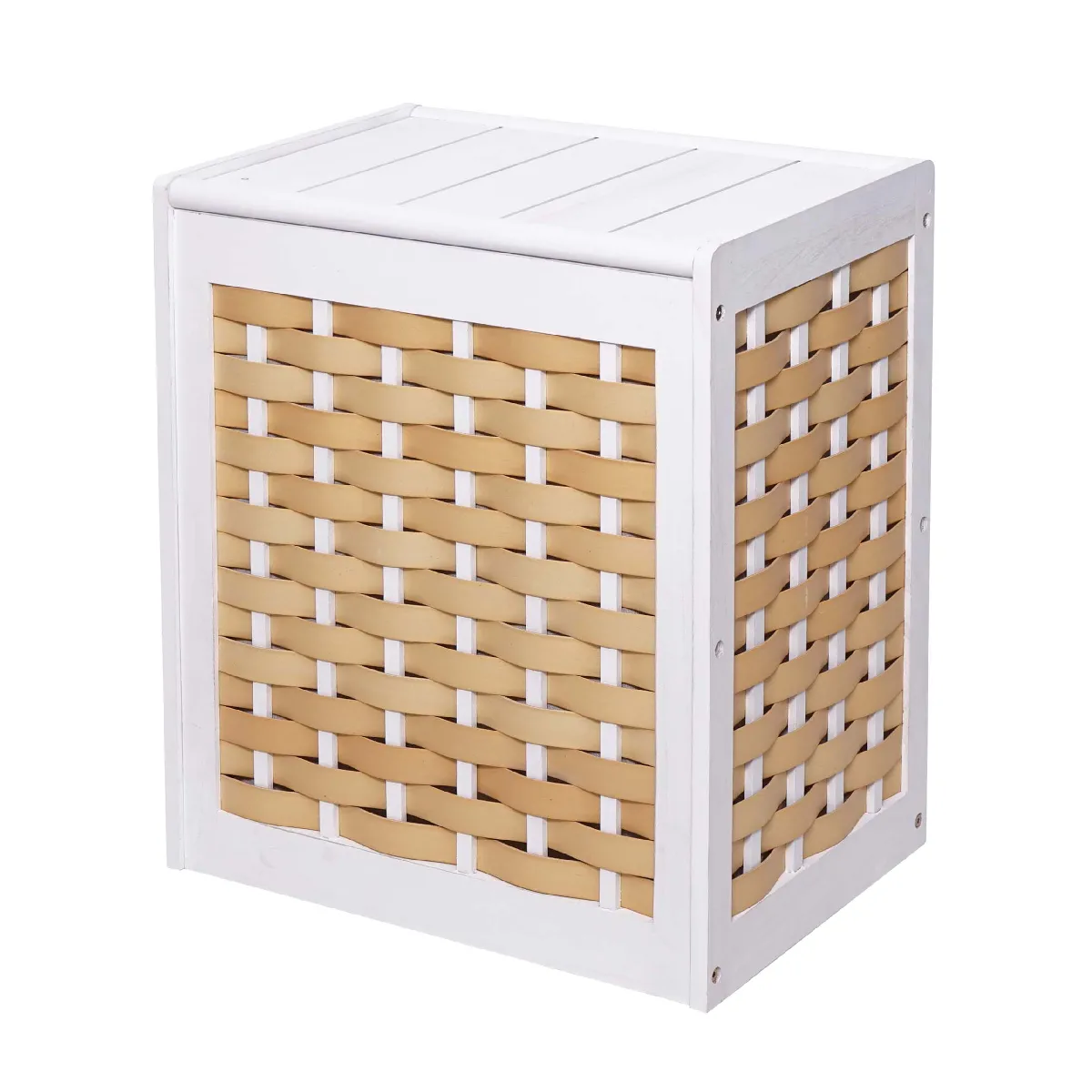 Panier à linge bac trieur de linge en bois massif maille 61x51x35cm blanc 04_0003751