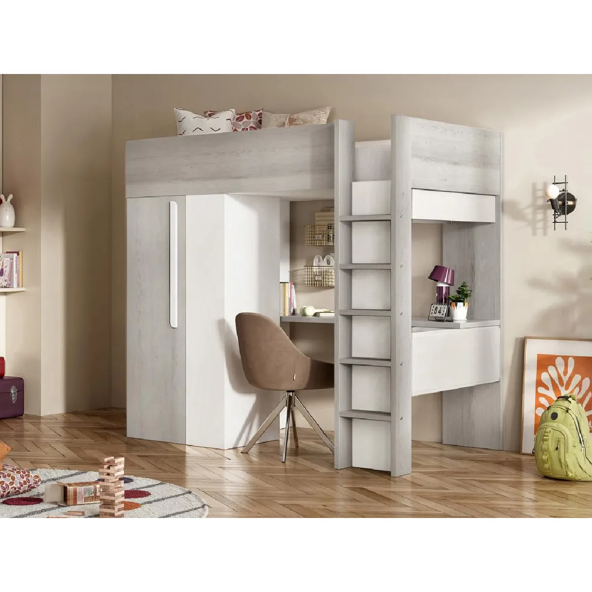 Lit mezzanine 90 x 200 cm avec armoire et bureau - Naturel grisé et blanc + Matelas - NICOLAS