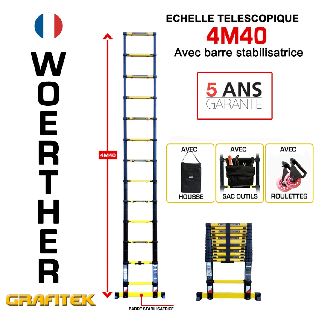 Echelle télescopique Woerther 4m40 - Avec housse, sac porte outils et roulettes - Gamme Grafitek - Qualité supérieur - Garantie 5 ans