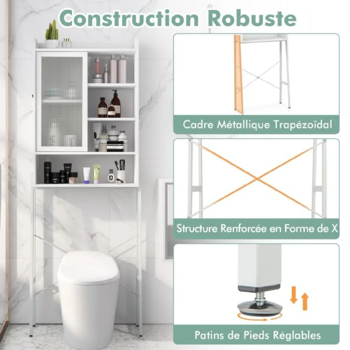 Meuble wc au-dessus de toilettes avec porte vitrée coulissante meuble de rangement industriel cadre en métal étagères réglables 170 cm blanc 20_0004921