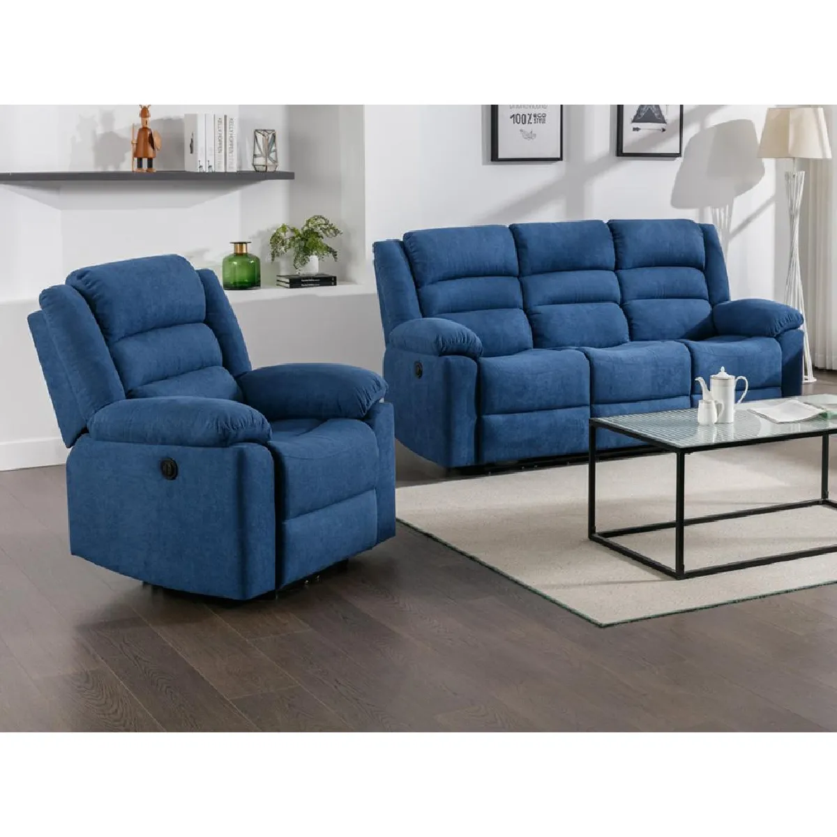 Canapé 3 places et fauteuil relax électrique en tissu bleu BUROLO