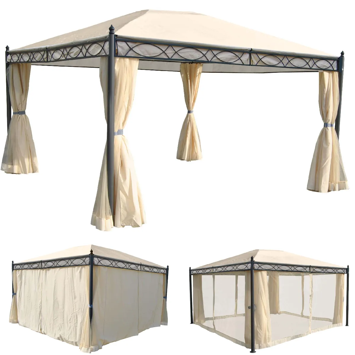 Pergola Cadiz, pavillon de jardin, cadre stable à 7cm avec paroi et moustiquaire ~ crème 4x3m