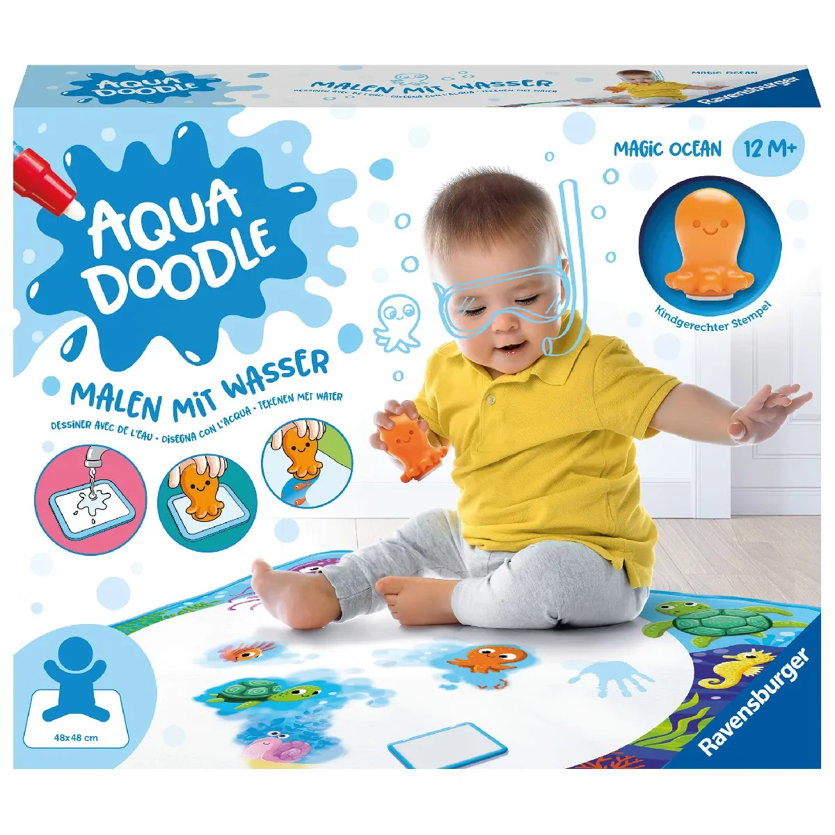 Ravensburger Aquadoodle Magic Ocean 4568 découverte sans Taches avec de l'eau ? Kit de tampons avec Tapis en Tissu Magique pour bébés à partir de 9 Mois, 04568