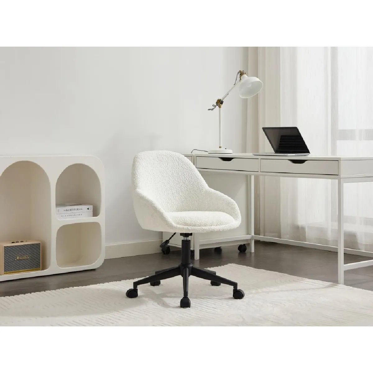 Chaise de bureau - Tissu bouclette - Blanc ivoire - Hauteur réglable - NAODY