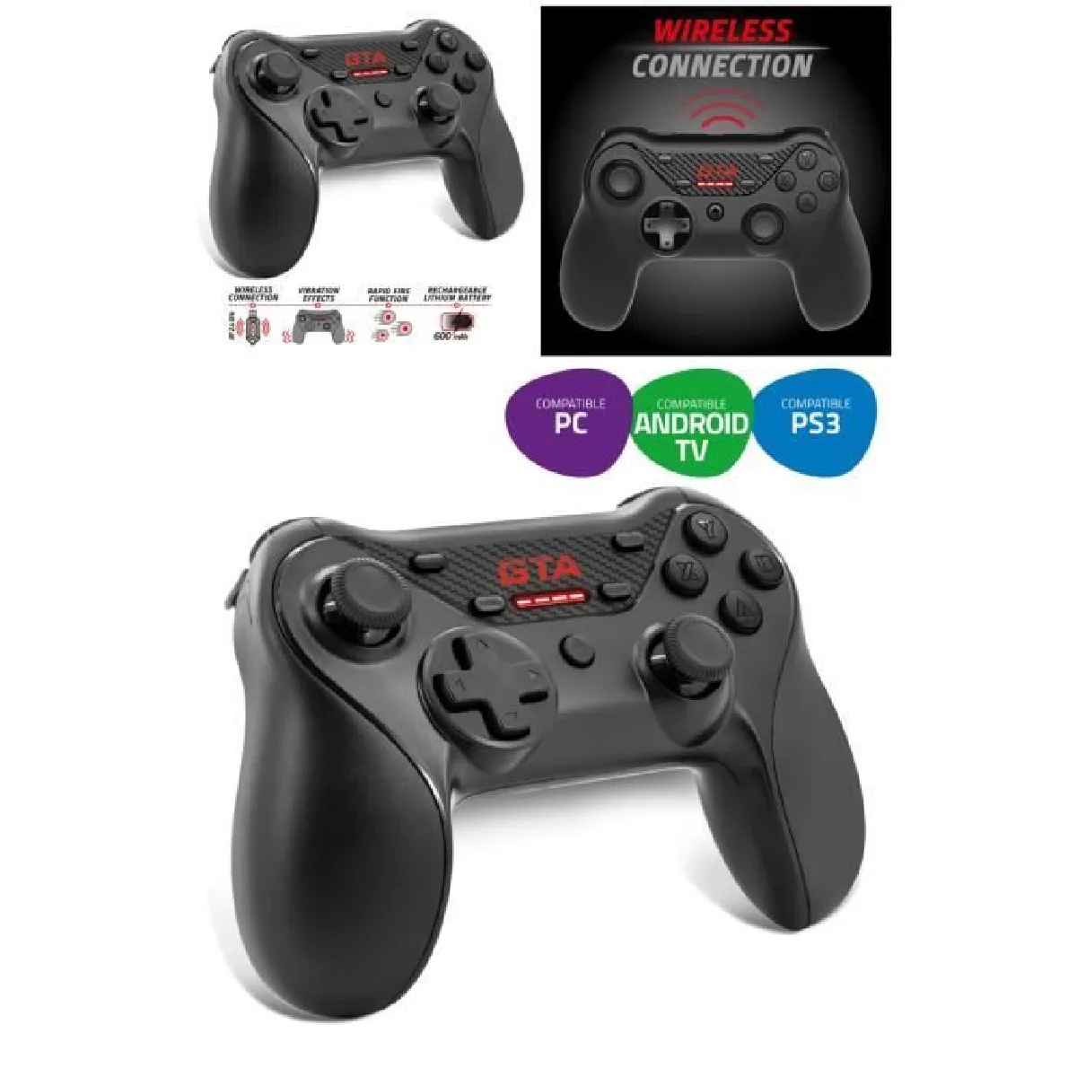 Manette sans fil Rechargeable GTA Compatible PC, PS3 & ANDROID TV Noir et Rouge Manette Ergonomique joystick Asymétrique - Autonomie