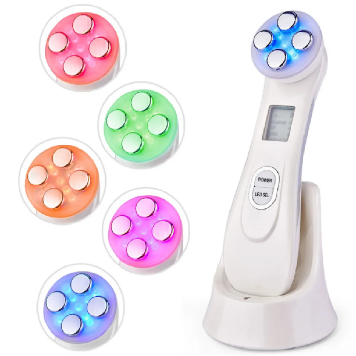 Appareil de beauté à ultrasons-Machine de traitement du visage à haute fréquence anti-rides et appareil de thérapie par la lumière LED rouge à ultrasons 5 en 1 et appareil de massage facial pour les soins de la peau Nettoyant pour le visage Anti-âge(Blanc